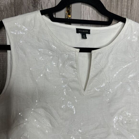 Talbots Sleeveless Top Linen Sequins Tropical Size Zip White Color Sz 10 - Picture 6 of 9